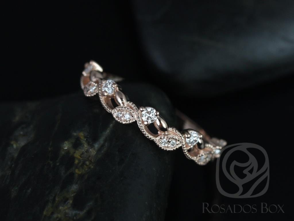 Rosados Box Ready to Ship Daphine 14kt Rose Gold Thin Weaving Leaves Diamonds Berries Halfway Eternity Band