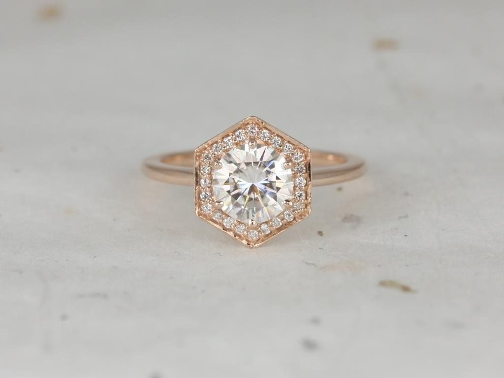 Rosados Box Willis 7mm 14kt Rose Gold Round Moissanite Diamonds Hexagon Halo WITHOUT Milgrain Engagement Ring
