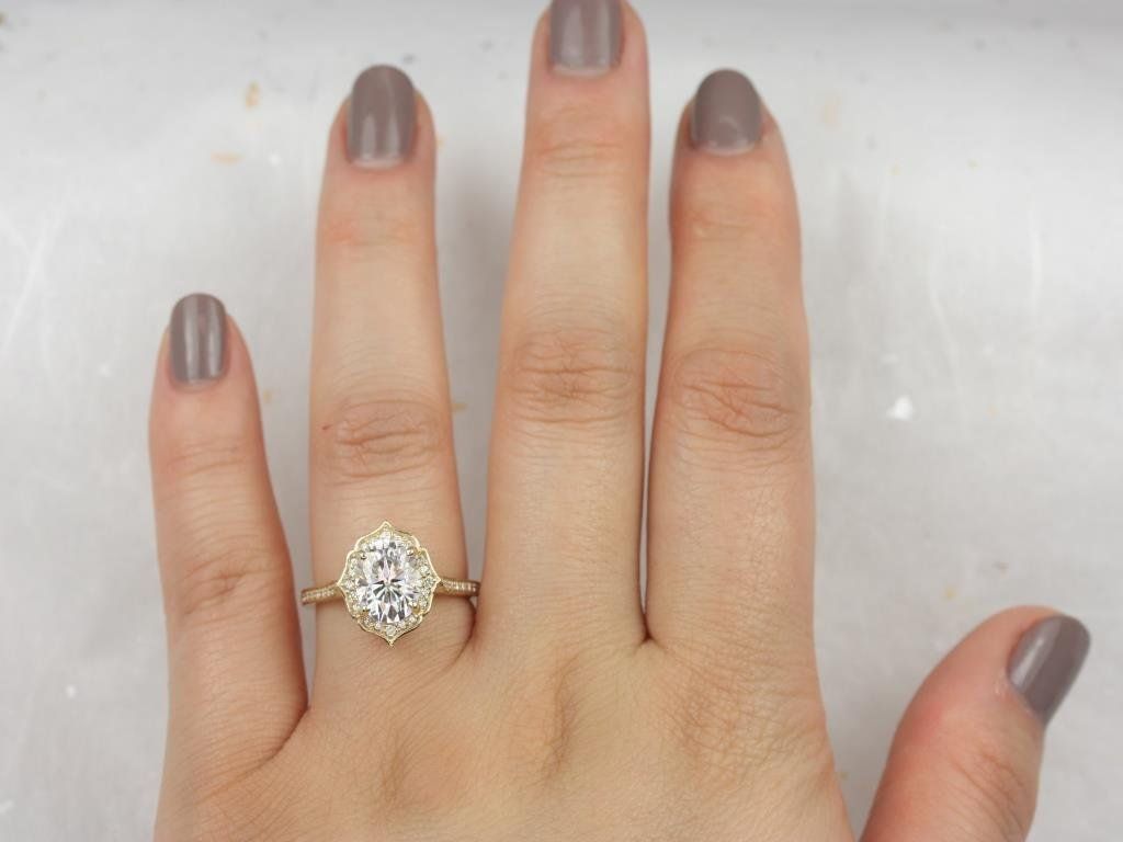 2ct Myra 9x7mm 14kt Moissanite Diamond WITHOUT Milgrain Unique Halo Ring by Rosados Box