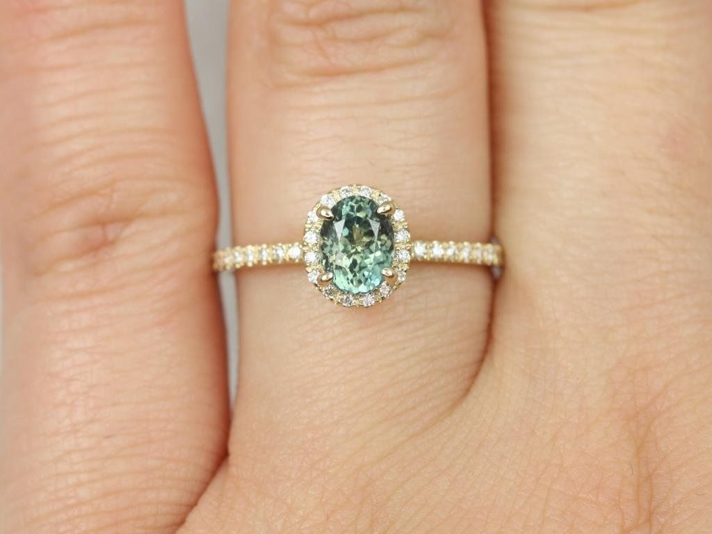 Rosados Box Ready to Ship Federella 1.02cts 14kt Yellow Gold Oval Jungle Teal Sapphire Diamond Halo Engagement Ring