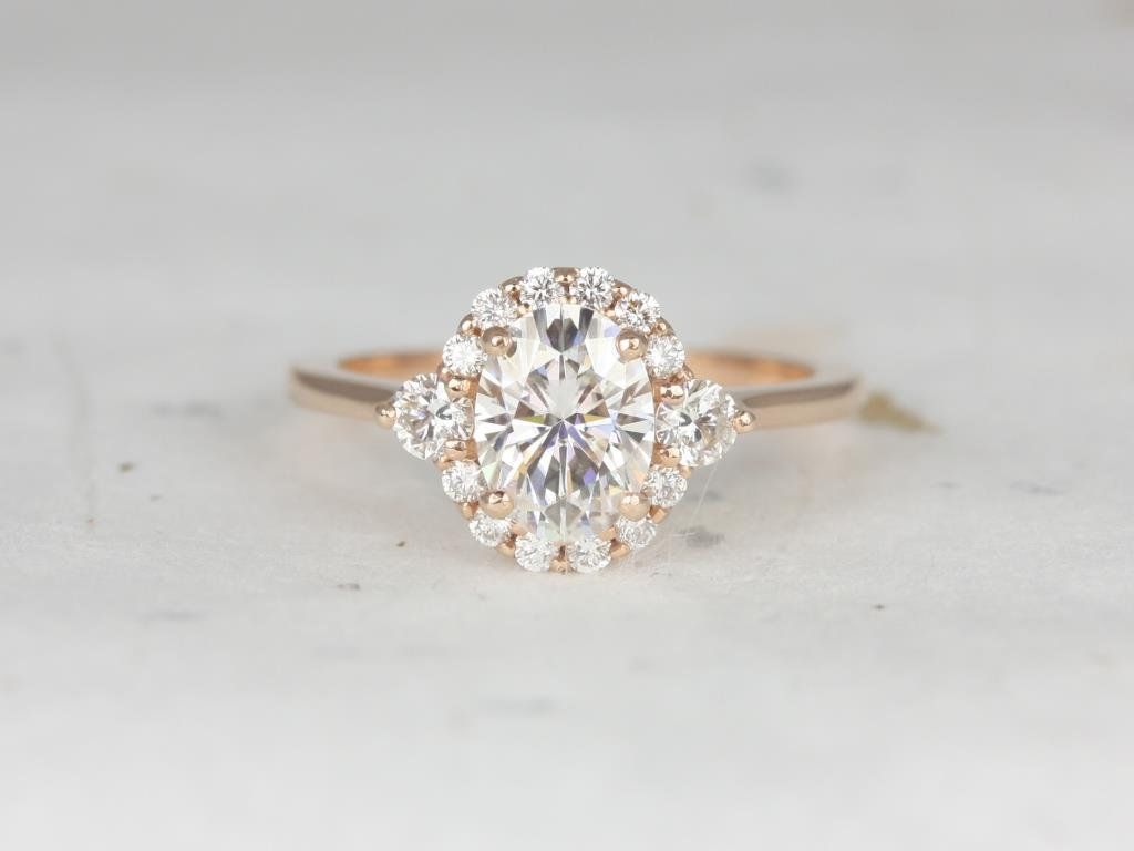 1.50ct Ready to Ship 14kt YELLOW Gold Britney 8x6mm Moissanite GH & Diamond Unique Halo Ring by Rosados Box 
