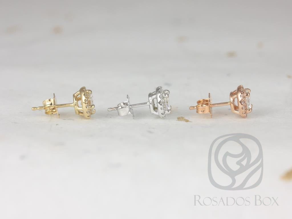 Rosados Box Ready to Ship Gemma 5mm 14kt ROSE Gold Round Forever Brilliant Moissanite Diamonds Halo Stud Earrings