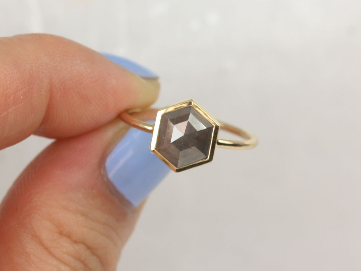 Rosados Box Petra 14kt Solid Gold Rose Cut Hexagon Rustic Salt Pepper Dainty Geometric Diamond Ring