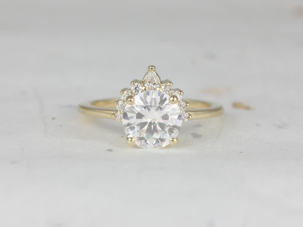 Rosados Box Kylie 8mm 14kt Yellow Gold Round Moissanite and Diamonds Crescent Sunrays Engagement Ring