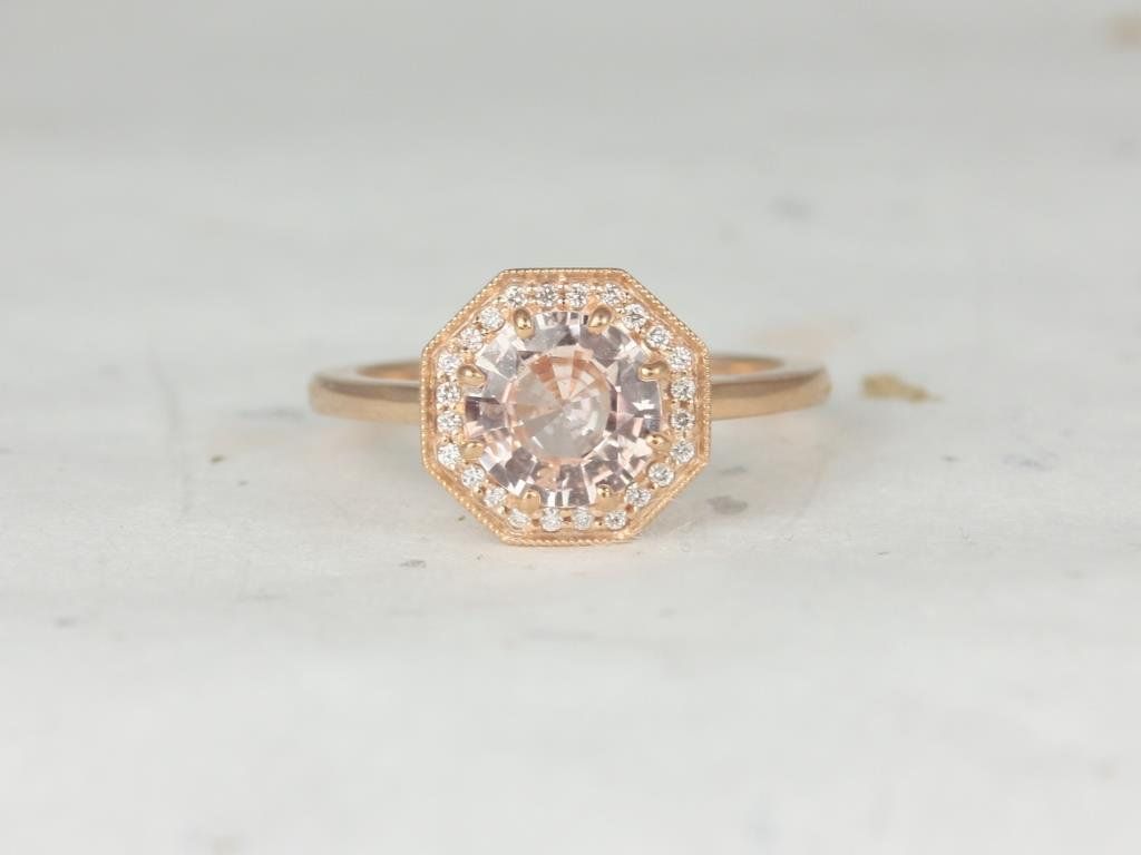 Rosados Box Ready to Ship Winona 1.59ct 14k Rose Gold Round Peach Champagne and Diamonds Octagon Halo WITH Milgrain Engagement Ring