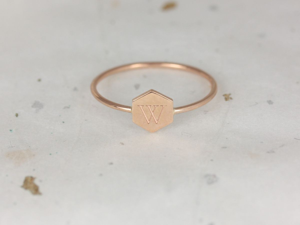 Rosados Box Petite Hunter 7mm 14kt Solid Gold Dainty Personalized Hexagon Letter Ring