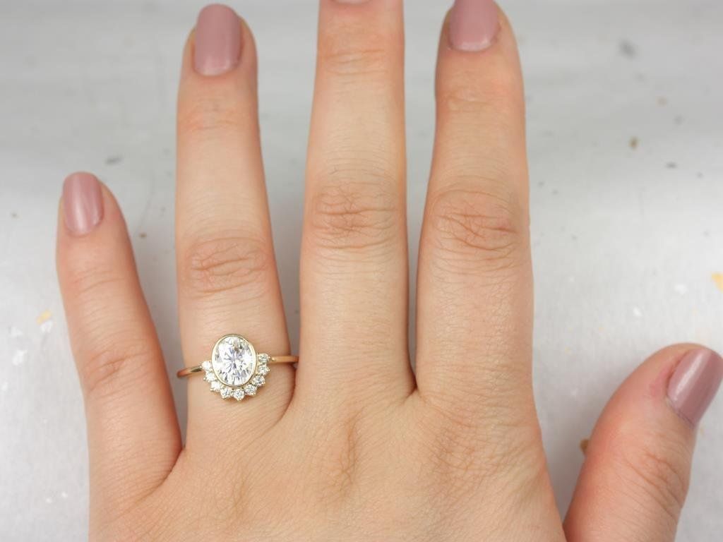 Rosados Box Oksana 8x6mm 14kt Yellow Gold Oval Moissanite and Diamonds Bezel Crescent Sunrays Engagement Ring