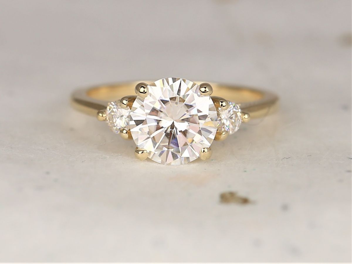 2ct Colette 8mm 14kt Solid Gold Moissanite Diamond Round Three Stone Ring