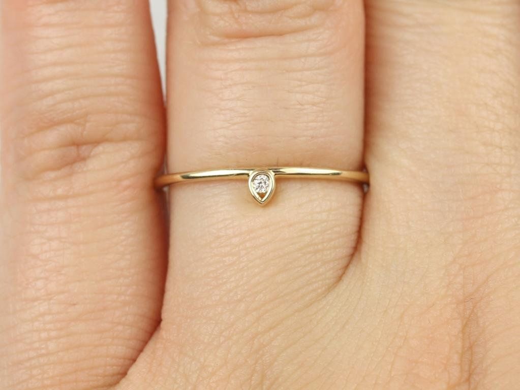 Rosados Box Ultra Petite Joy 14kt Gold Solitaire Diamond Pear Bezel Stacking Ring