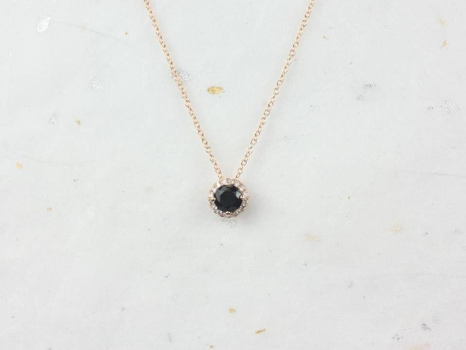 Rosados Box Ready to Ship Gemma 5mm 14kt Rose Gold Round Black Onyx and Diamonds Halo Floating Necklace