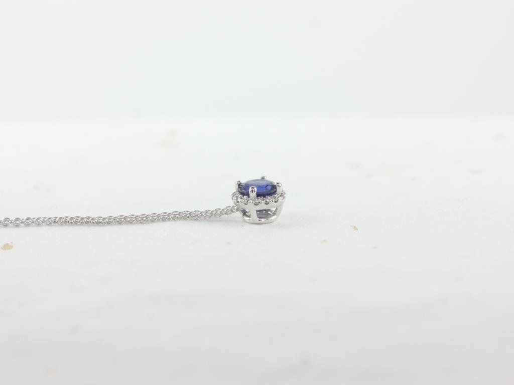 Rosados Box Gemma 5mm 14kt White Gold Round Blue Sapphire and Diamonds Halo Floating Necklace