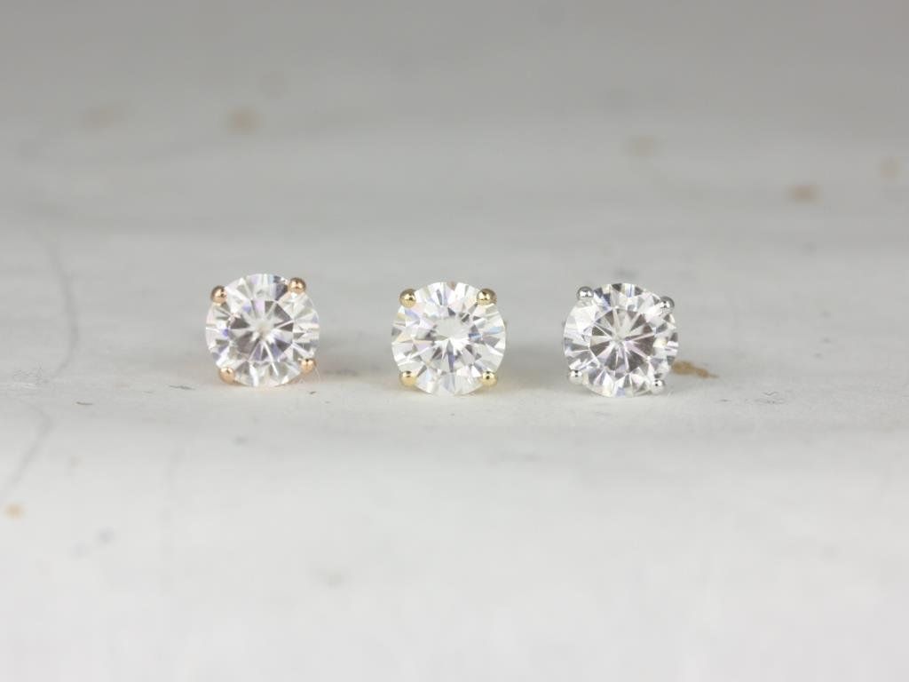 Rosados Box Ready to Ship Donna 7mm 14kt YELLOW Gold Round Forever One Moissanite Leaf Gallery Basket Stud Earrings
