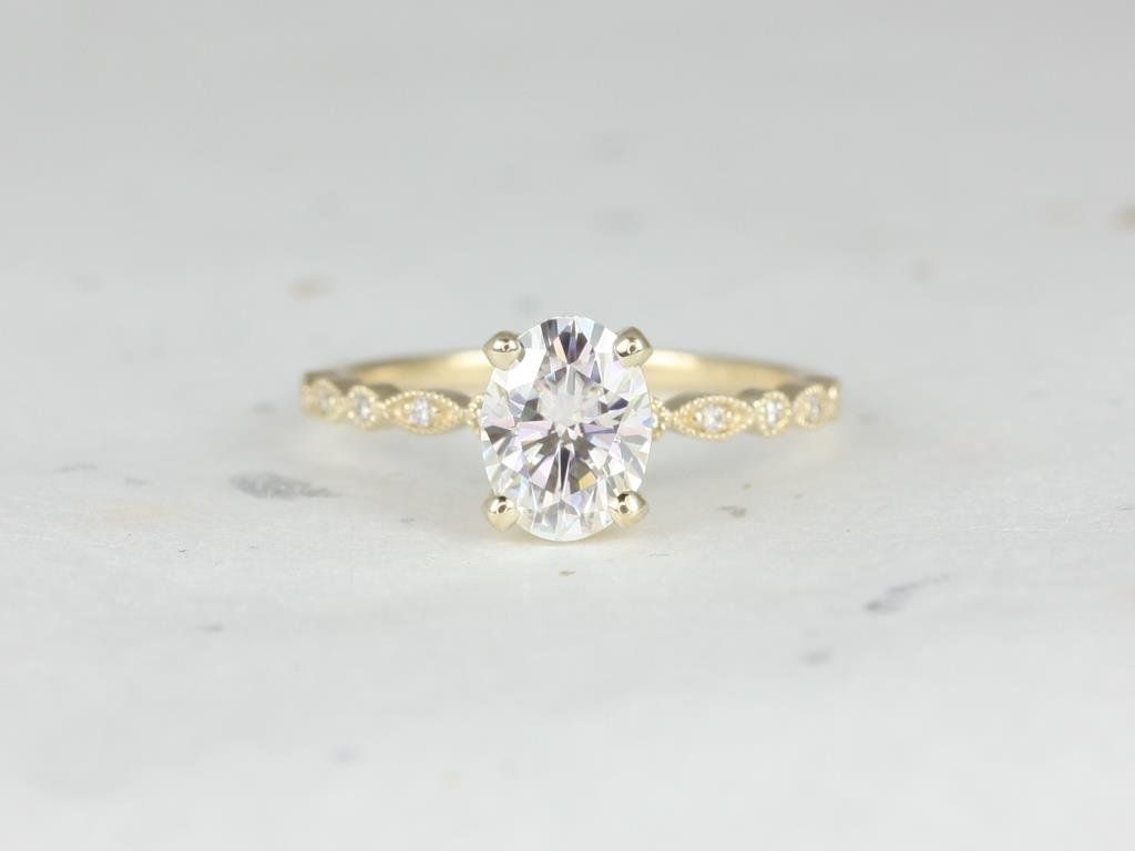 Rosados Box Neda 8x6mm 14kt Yellow Gold Oval Moissanite and Diamond Petite Scalloped Vintage WITH Milgrain Engagement Ring