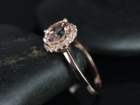 Rosados Box Ready to Ship Monique 8mm 14kt Rose Gold Round Morganite and Diamonds Halo Engagement Ring