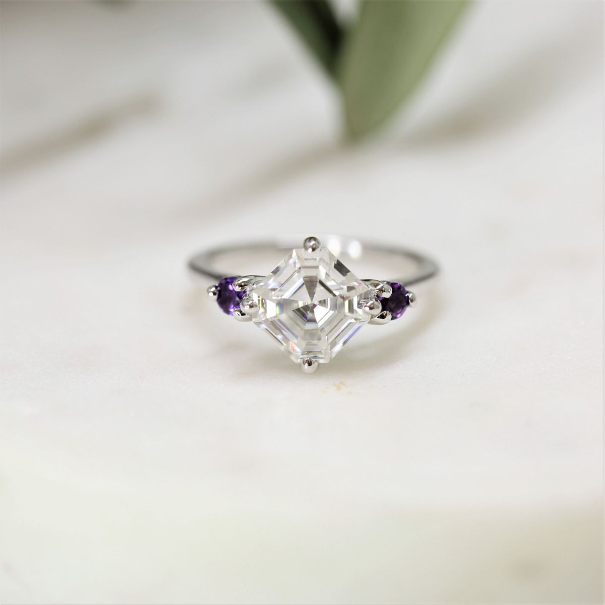 Rosados Box Maxine 8mm 2.20cts 14kt White Gold Forever One Moissanite Amethyst Round Dainty 3 Stone Asscher Engagement Ring