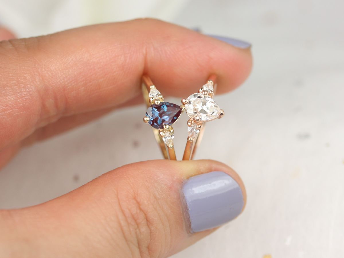 Petite Evette 7x5mm 14kt Alexandrite Diamond Pear 3 Stone Ring by Rosados Box