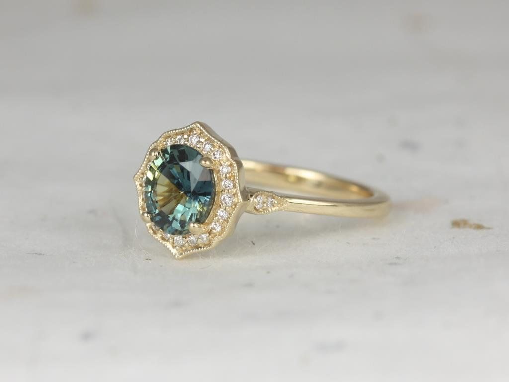 1.69ct Ready to Ship Mae 14kt Yellow Gold Lightning Ocean Teal Sapphire Diamond WITH Milgrain Oval Halo Ring