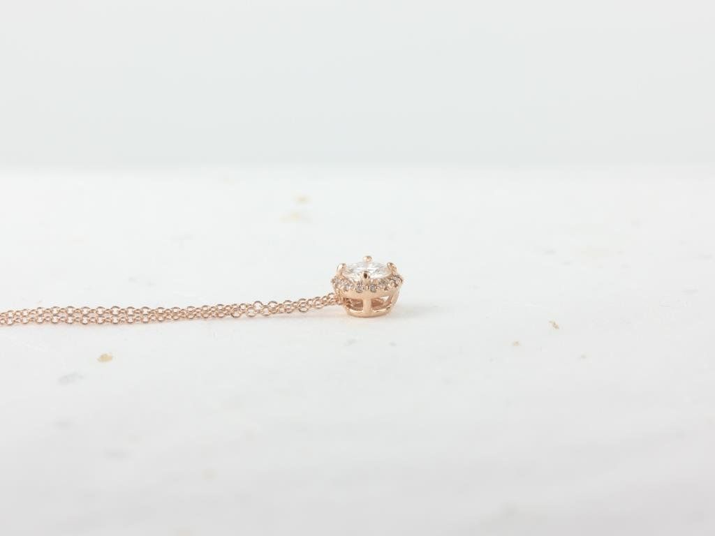 Rosados Box Ready to Ship Gemma 5mm 14kt YELLOW Gold Round F1- Moissanite and Diamonds Halo Floating Necklace
