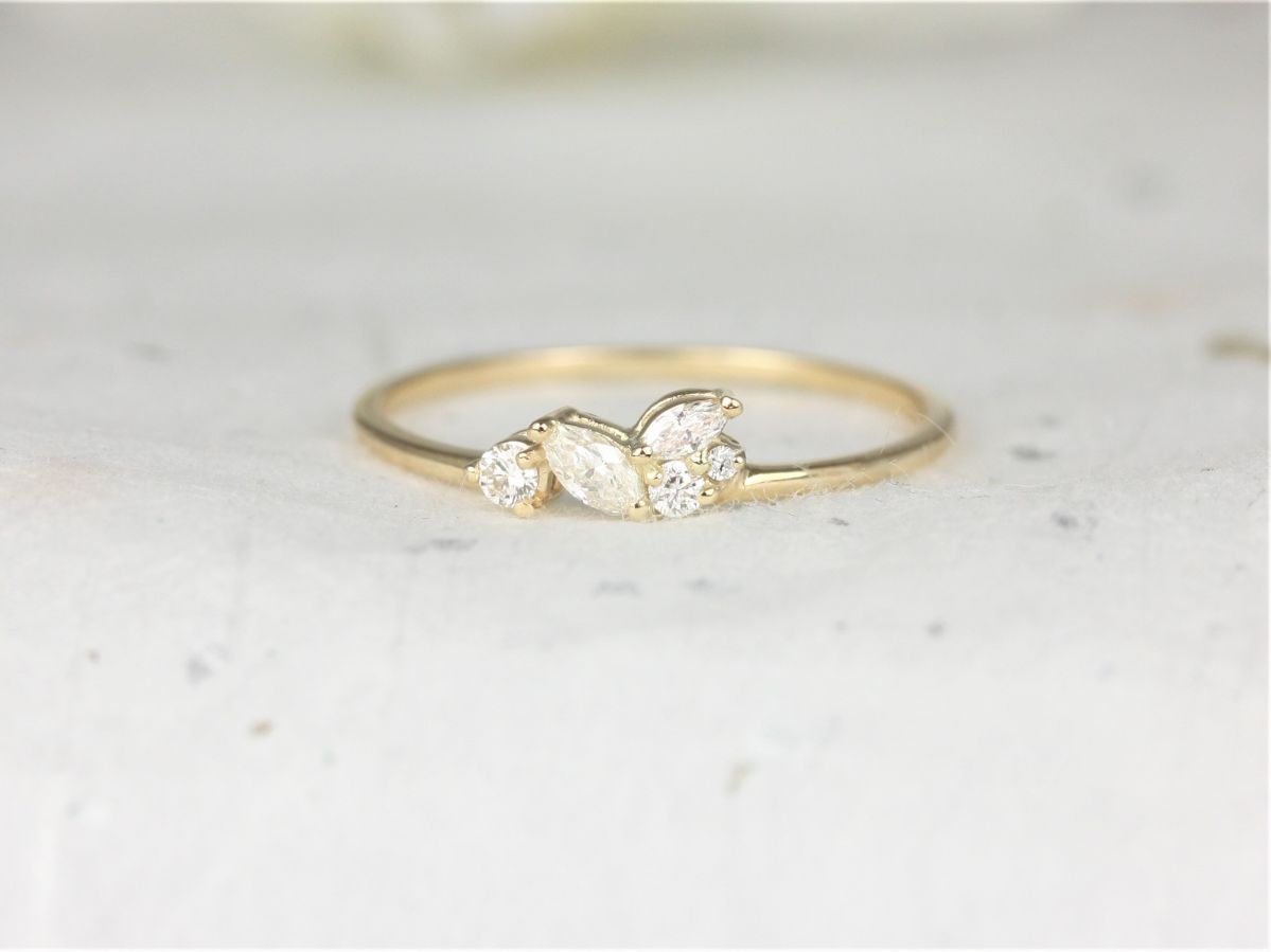 Rosados Box Skye 14kt Solid Gold Diamond Marquise Round Art Deco Dainty Cluster Stacking Ring