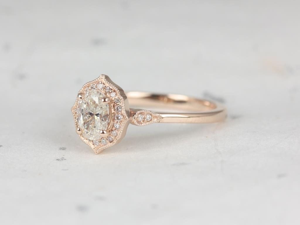 Rosados Box Ready to Ship Mae 0.59cts 14kt Rose Gold Oval Diamond Vintage Halo WITH Milgrain Engagement Ring