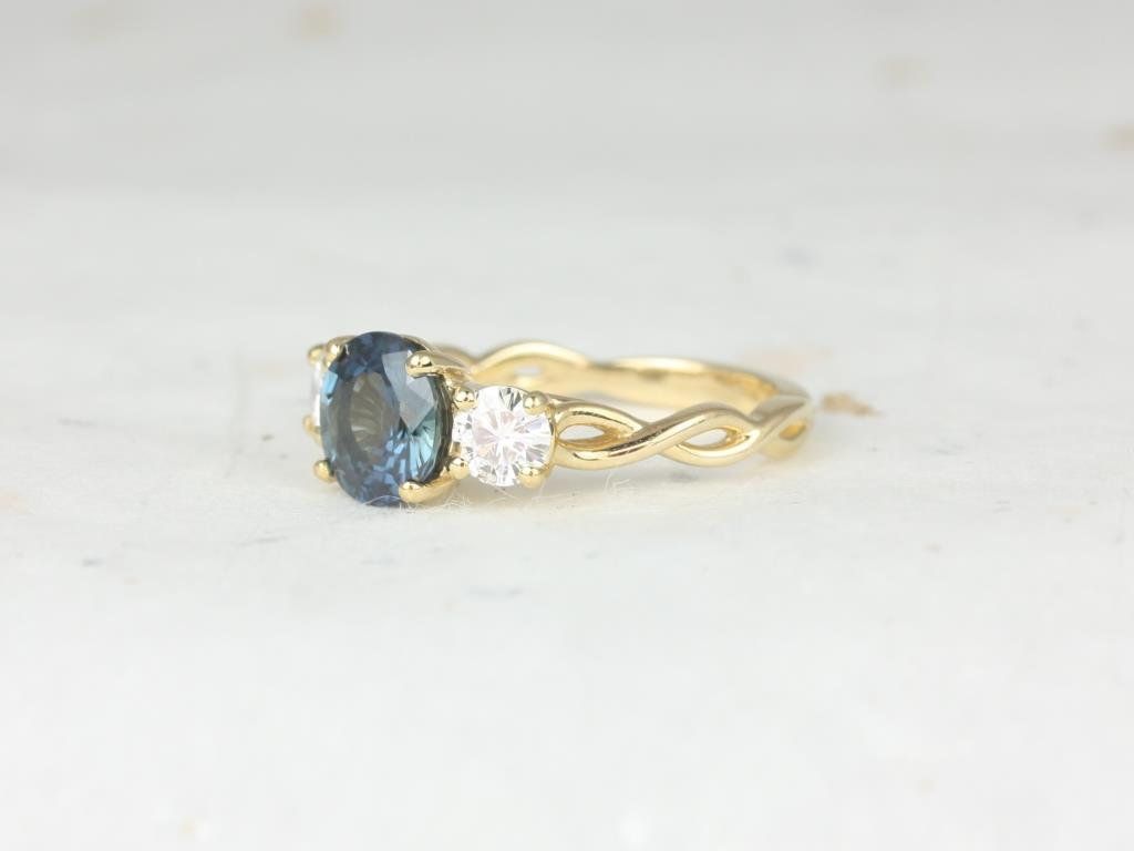 Rosados Box Ready to Ship Cameron 2.30cts 14kt Yellow Gold Round Teal Blue Sapphire & Forever One Moissanite 3 Stone Twisted Engagement Ring