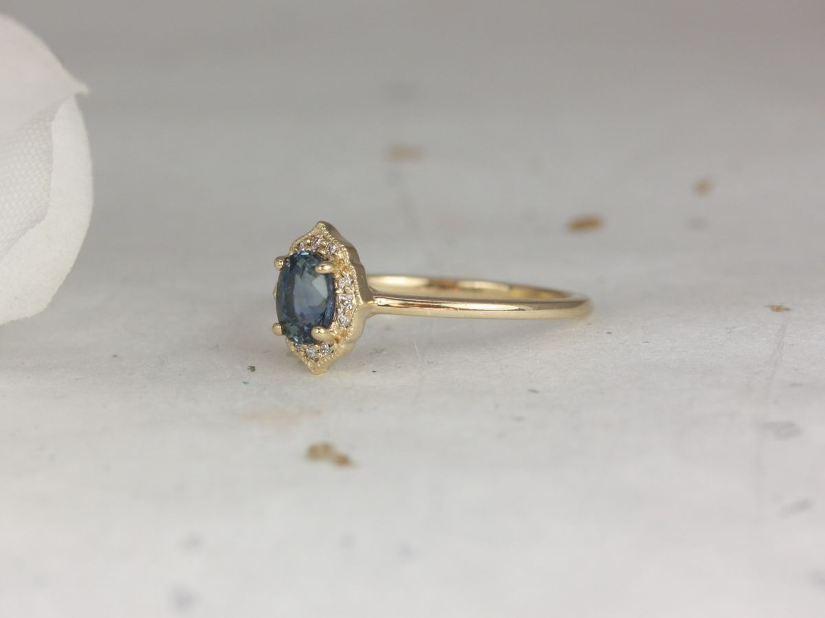 0.71ct Ready to Ship Mini Mae 14kt Gold Ocean Teal Sapphire Diamond  WITH Milgrain Art Deco Oval Halo Ring