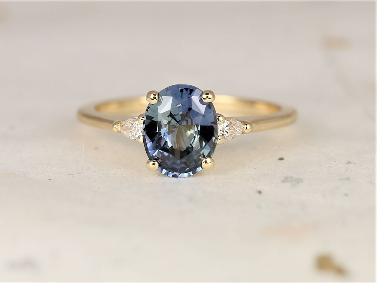 Rosados Box 1.81cts Ready to Ship Petite Emery 14kt Yellow Gold Ocean Blue Teal Sapphire Diamond Pear 3 Stone Oval Engagement Ring