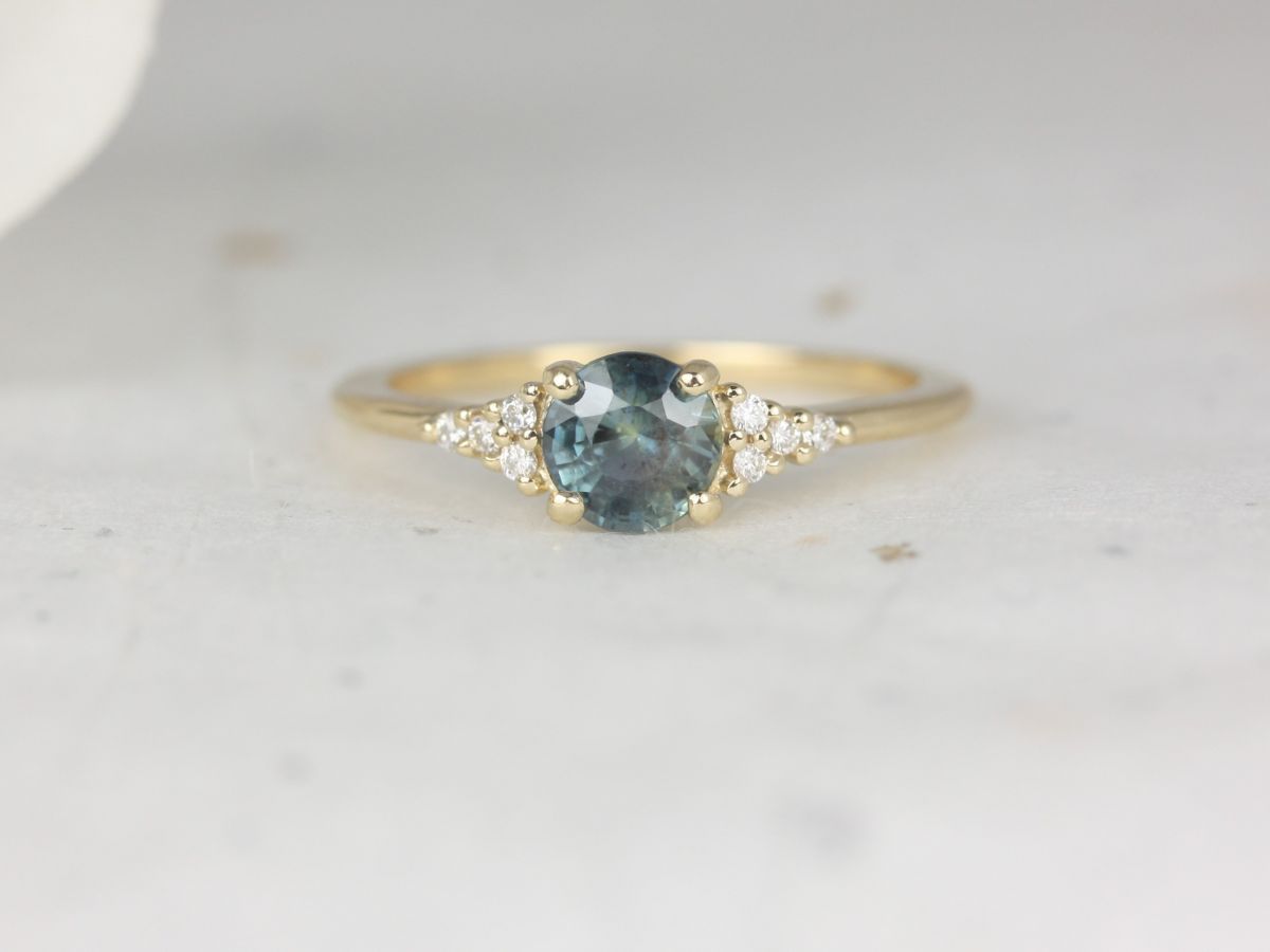 Rosados Box 0.85ct Ready to Ship Malia 14kt Gold Ocean Teal Sapphire Diamonds Dainty Round 3 Stone Cluster Ring