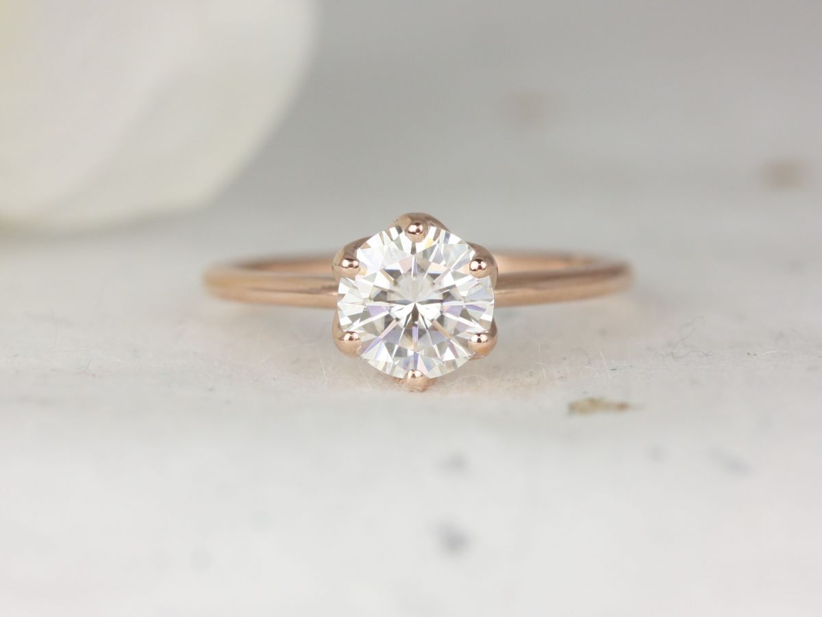Rosados Box 1.25ct Edith 7mm 14kt Rose Gold Round Forever One Moissanite Dainty Thin 6 Prong Engagement Ring