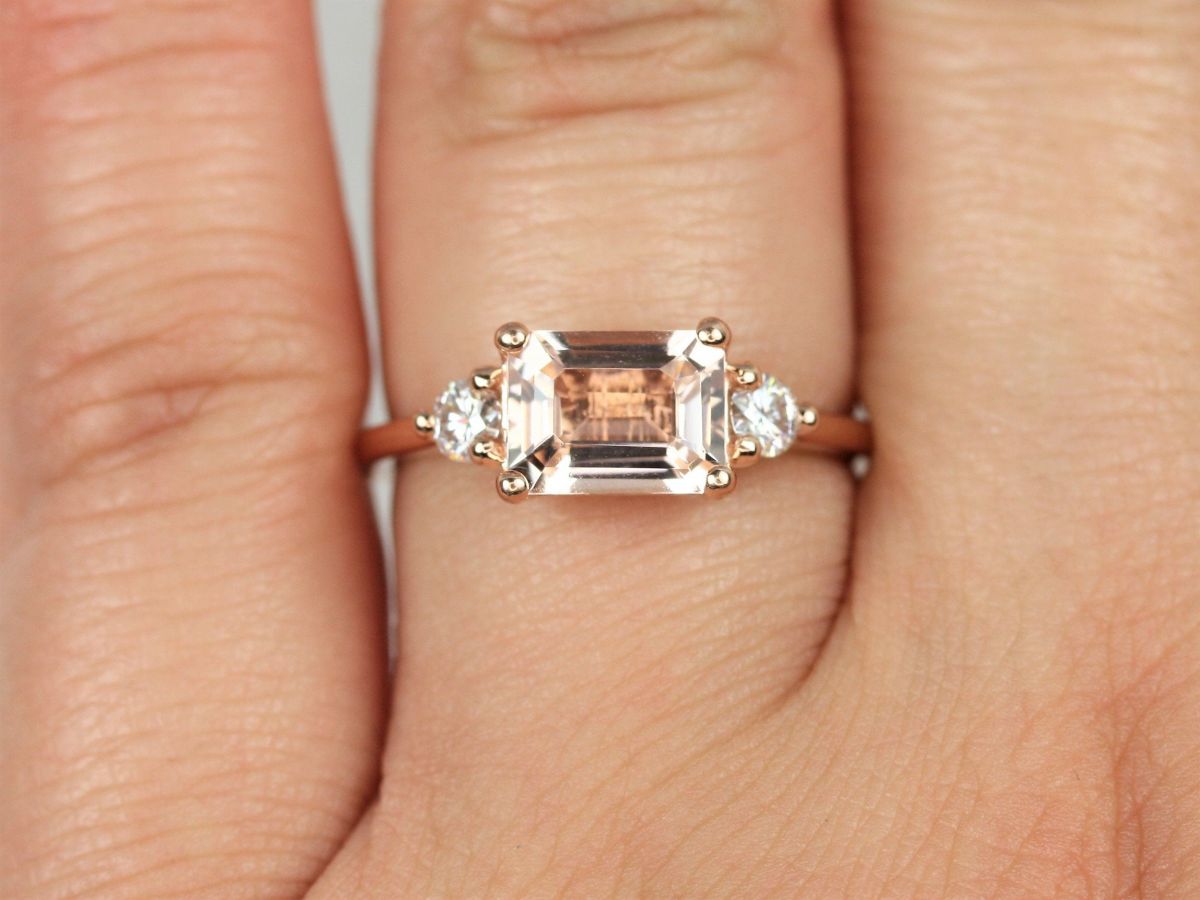 Rosados Box Saint 8x6mm 14kt Rose Gold Morganite Moissanite Dainty Unique 3 Stone Emerald Engagement Ring