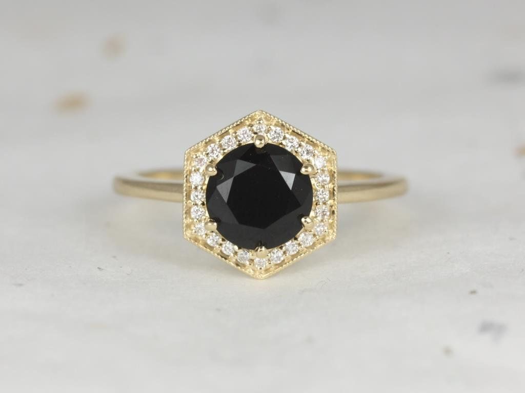 Rosados Box Willis 7mm 14kt Gold Round Black Onyx Diamonds Hexagon Halo WITH Milgrain Engagement Ring