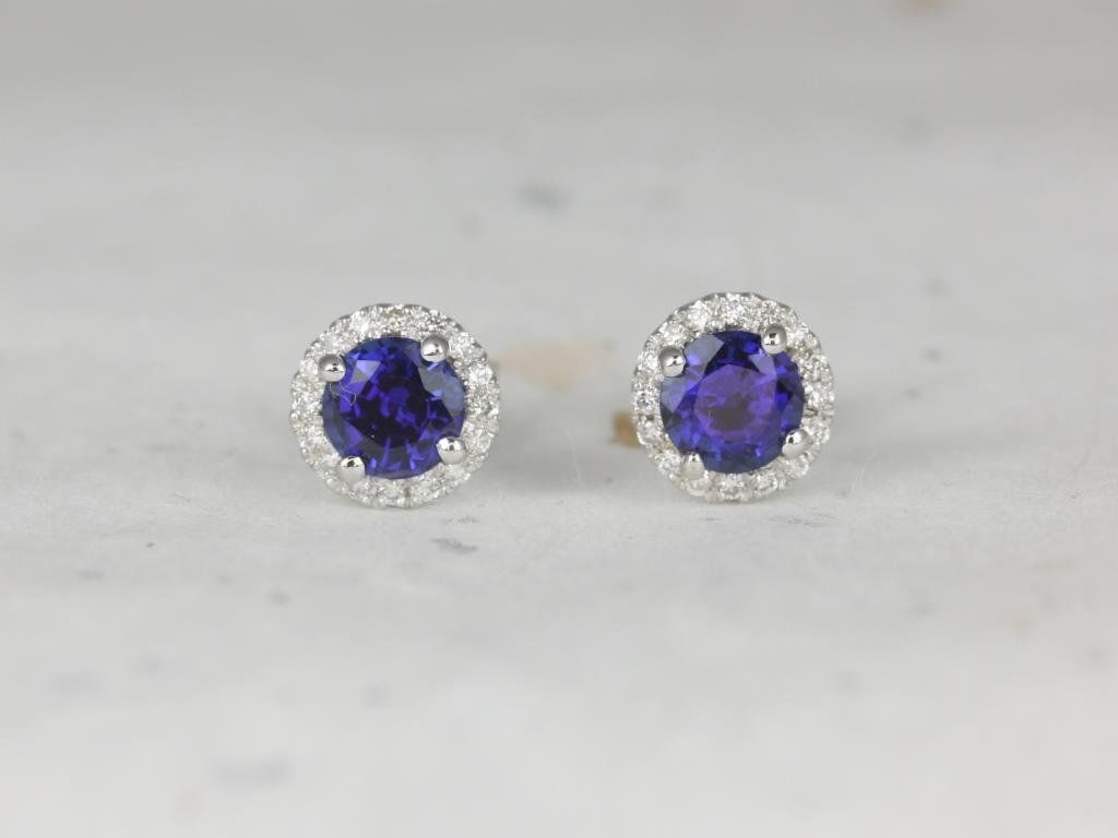 Rosados Box Gemma 5mm 14kt White Gold Round Blue Sapphire and Diamonds Halo Stud Earrings