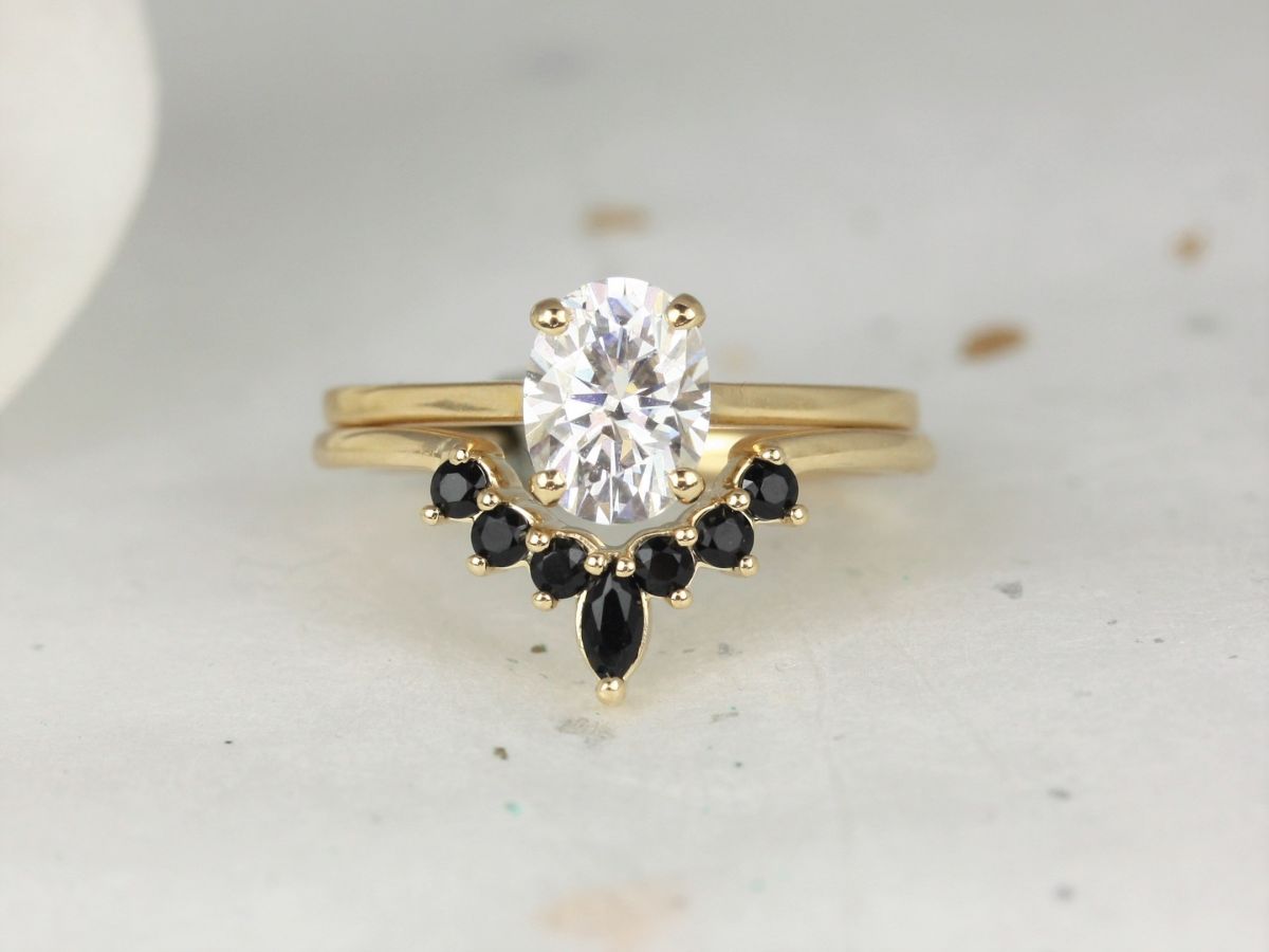 Rosados Box 1.50cts Delia 8x6mm & Marjorie 14kt Solid Gold Forever One Moissanite Diamond Onyx Dainty Oval Solitaire Wedding Set Rings