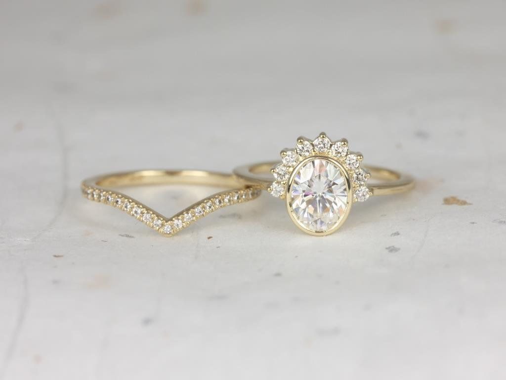1.50ct Oksana 8x6mm & Chevy 14kt Moissanite Diamonds Half Halo Oval Bridal Set by Rosados Box