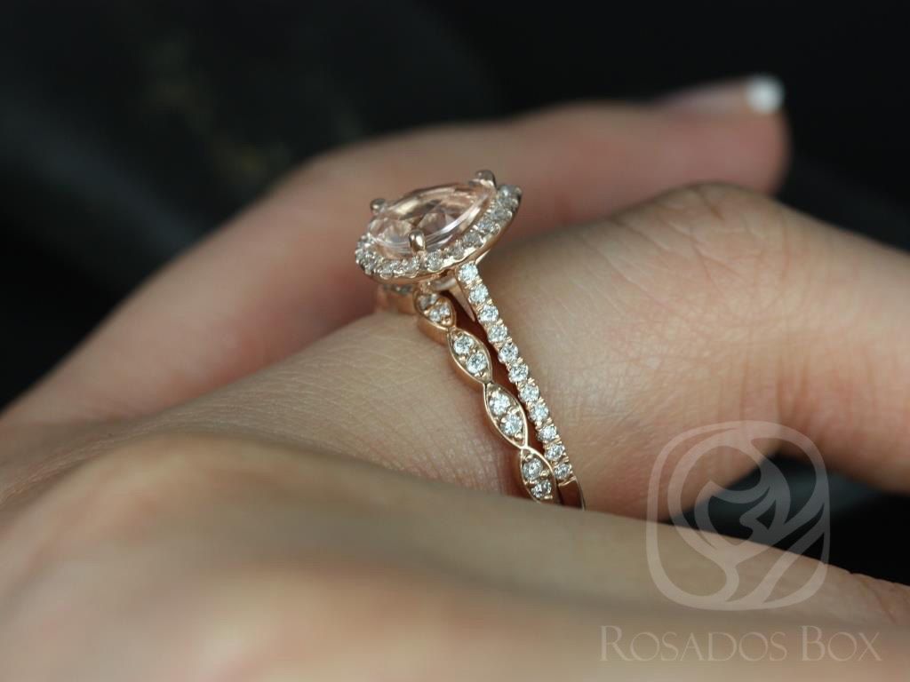Rosados Box Ready to Ship Tabitha 8x6mm & Christie Band 14kt YELLOW Gold Pear Morganite and Diamonds Halo Wedding Set