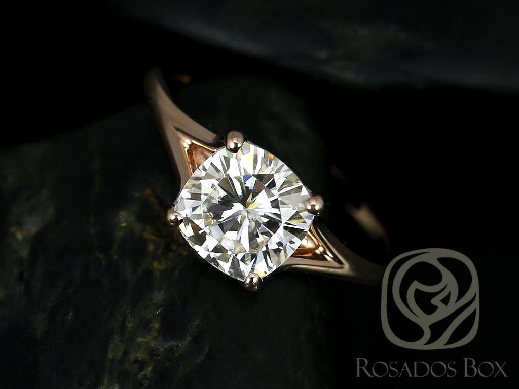 Rosados Box Khaleesi 7.5mm 14kt Rose Gold Cushion Moissanite Split Cathedral Solitaire Engagement Ring