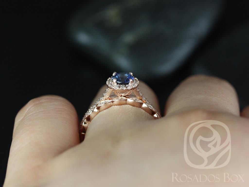 Rosados Box Ready to Ship Kubian 0.63cts & Ultra Petite Leah 14k Rose Gold Round Blue Sapphire and Diamonds WITHOUT Milgrain Wedding Set