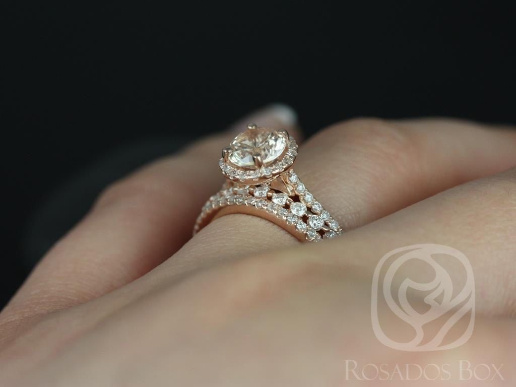 Rosados Box Ready to Ship Kubian 1.33cts 14kt Rose Gold Peachy Buttery Sapphire and Diamonds Halo Classic Wedding Set