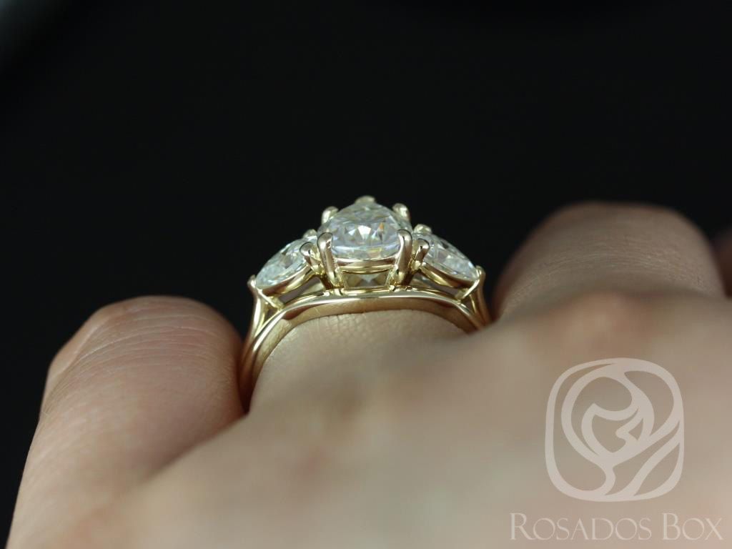 SALE Rosados Box Kasey 10x7mm 14kt Yellow Gold Pear 3 Stone FB Moissanite Wedding Set