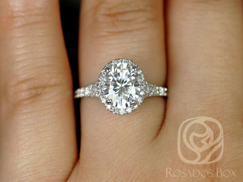 Rosados Box Clarise 9x7mm 14kt White Gold Oval Moissanite and Diamond Split Band Halo Engagement Ring