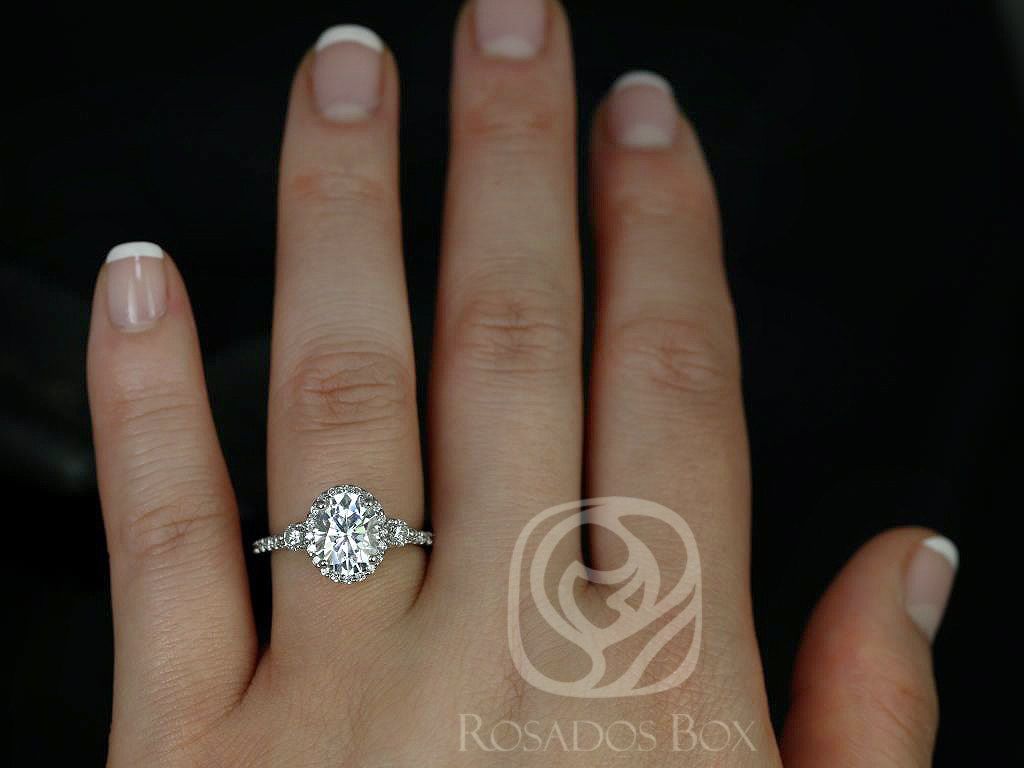 2ct Natalia 9x7mm 14kt Moissanite Diamonds Three Stone Halo Oval Ring by Rosados Box