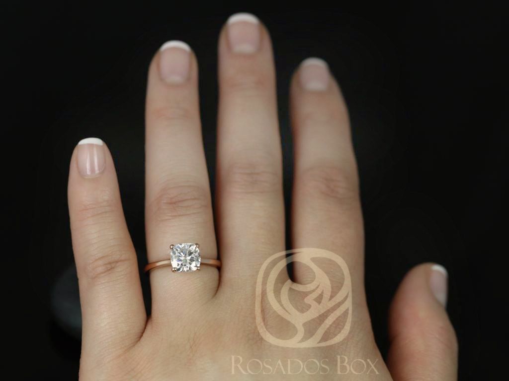 Rosados Box Skinny Florence 7.5mm 14kt Rose Gold Cushion F1- Moissanite Tulip Cathedral Solitaire Engagement Ring