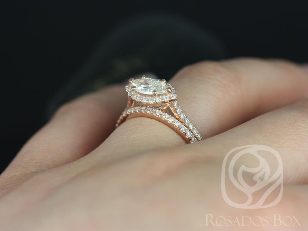 Rosados Box Ready to Ship Conflict Free Jones 0.63cts 14kt Rose Gold Marquise Diamond Halo Wedding Set