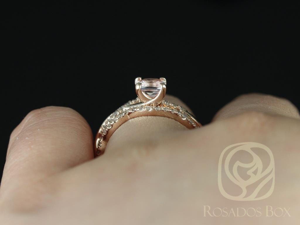 Rosados Box Ready to Ship Tressa 1.02cts 14kt Rose Gold Cushion Peach Champagne Sapphire and Diamond Twist Wedding Set