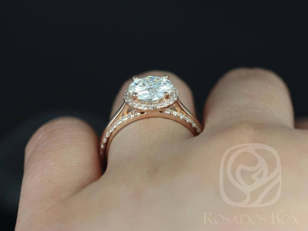 SALE Rosados Box Ready to Ship Shannon 8.50mm 14kt Rose Gold Round FB Moissanite and Diamonds Extra Low Halo Wedding Set