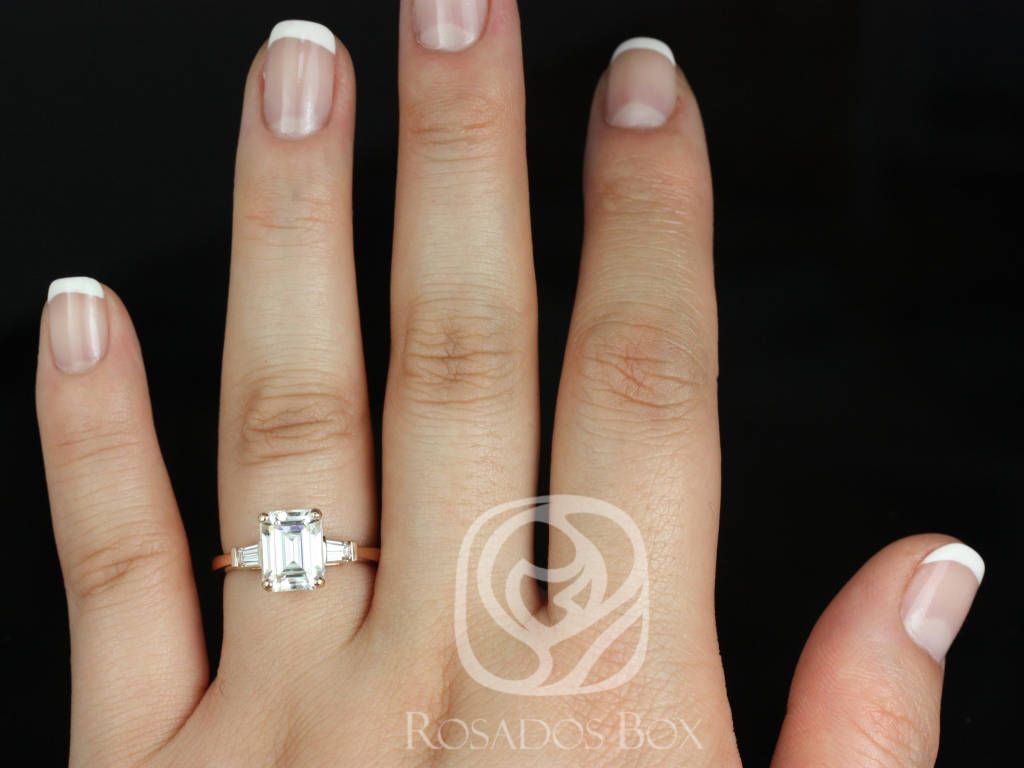 2.50ct Farrah 9x7mm 14kt Moissanite Diamond Emerald Three Stone Ring