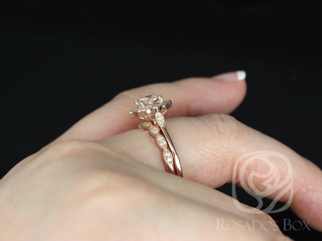 Rosados Box Ready to Ship Mae 1.53cts & Christie 14kt Rose Gold Peach Champagne Sapphire and Diamond Halo Wedding Set