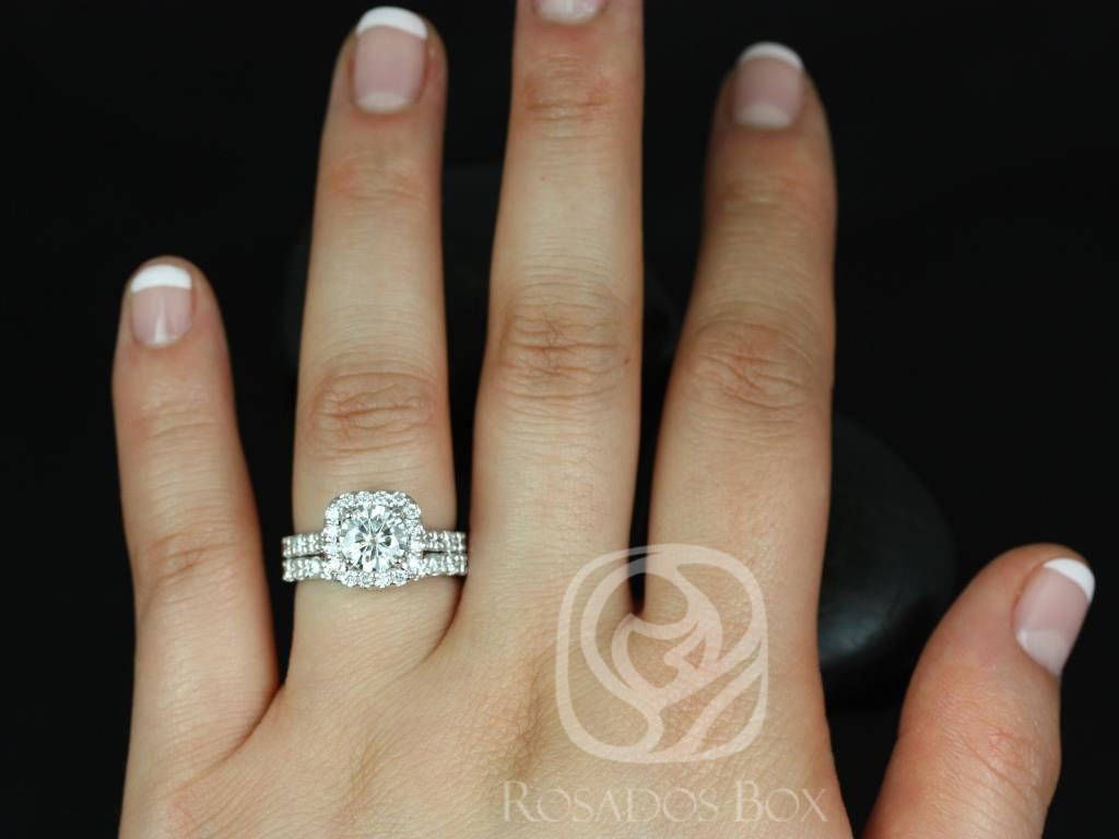 SALE Rosados Box Ready to Ship Trisha 7mm 14kt White Gold Round FB Moissanite and Diamonds Cushion Halo Wedding Set
