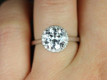 SALE Rosados Box Ready to Ship Monique 8mm Platinum Round FB Moissanite Diamonds Halo Engagement Ring