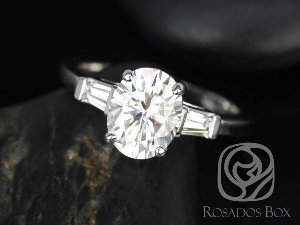Rosados Box Fannie 9x7mm 14kt White Gold Oval Moissanite and Diamond Baguette Engagement Ring